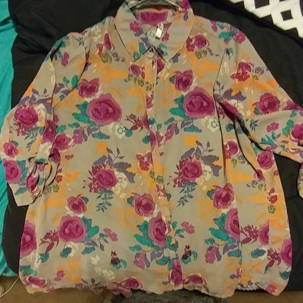 Button up blouse with purple and teal floral